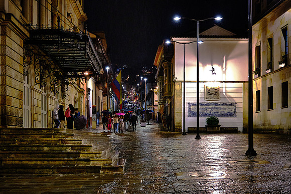 Historic district of Bogotá, Colombia in the rain.